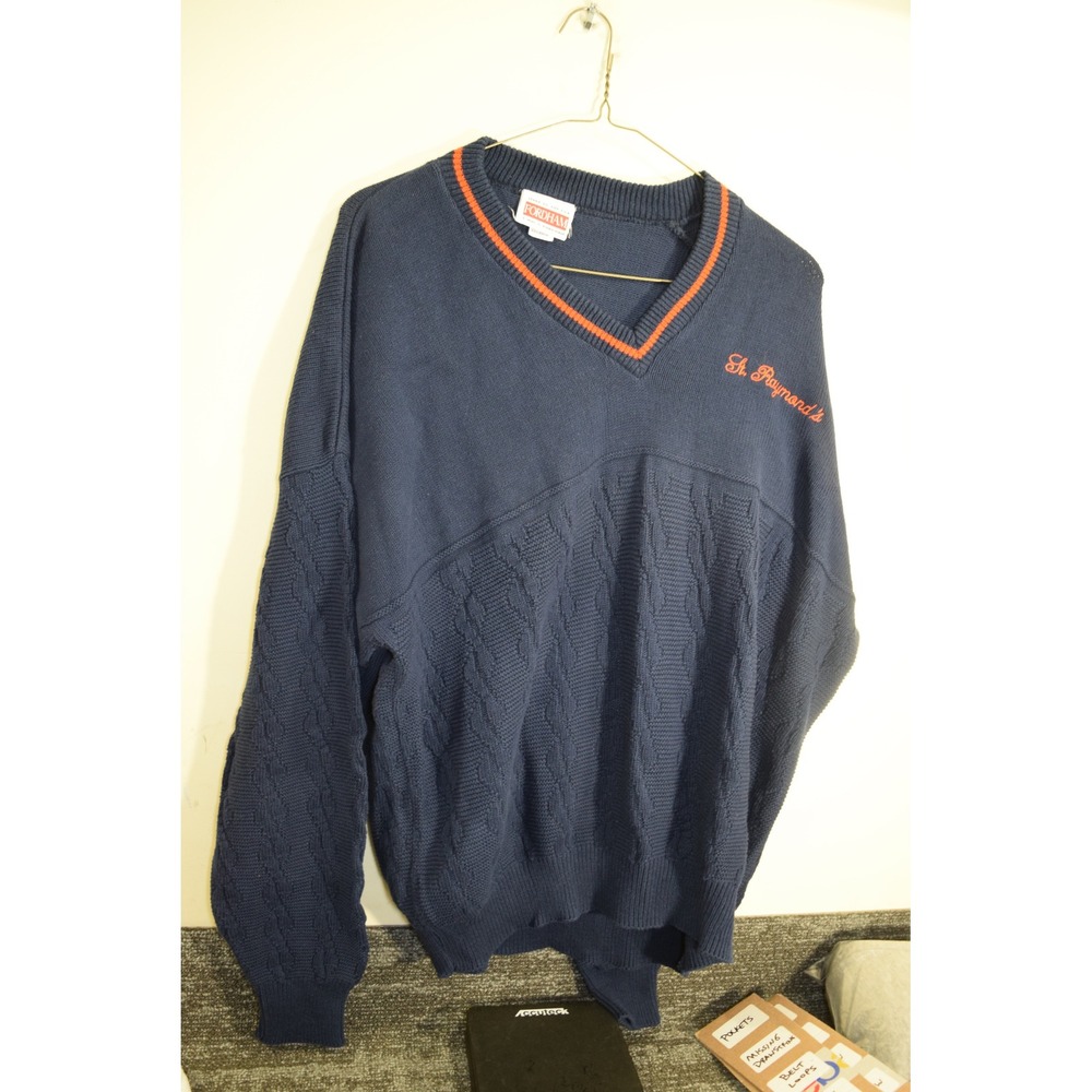 80s Vintage ST RAYMOND'S Fordham Mens XXL Blue Cotton Cable Knit V-Neck Sweater